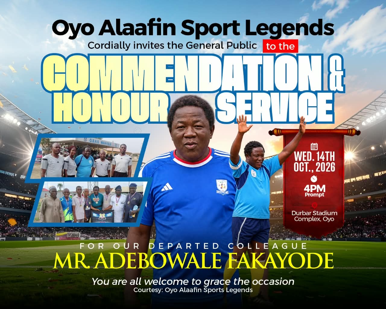 Dr Ademola Adeleke (right) at a previous Oyo Alaafin Sports Legends gathering. He issued the tribute release on behalf of the group. (Oyo Alaafin Sports Legends)